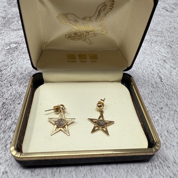 Harley-Davidson 14K Yellow Gold Star Dangle Earrings Motor Cycles Vintage
